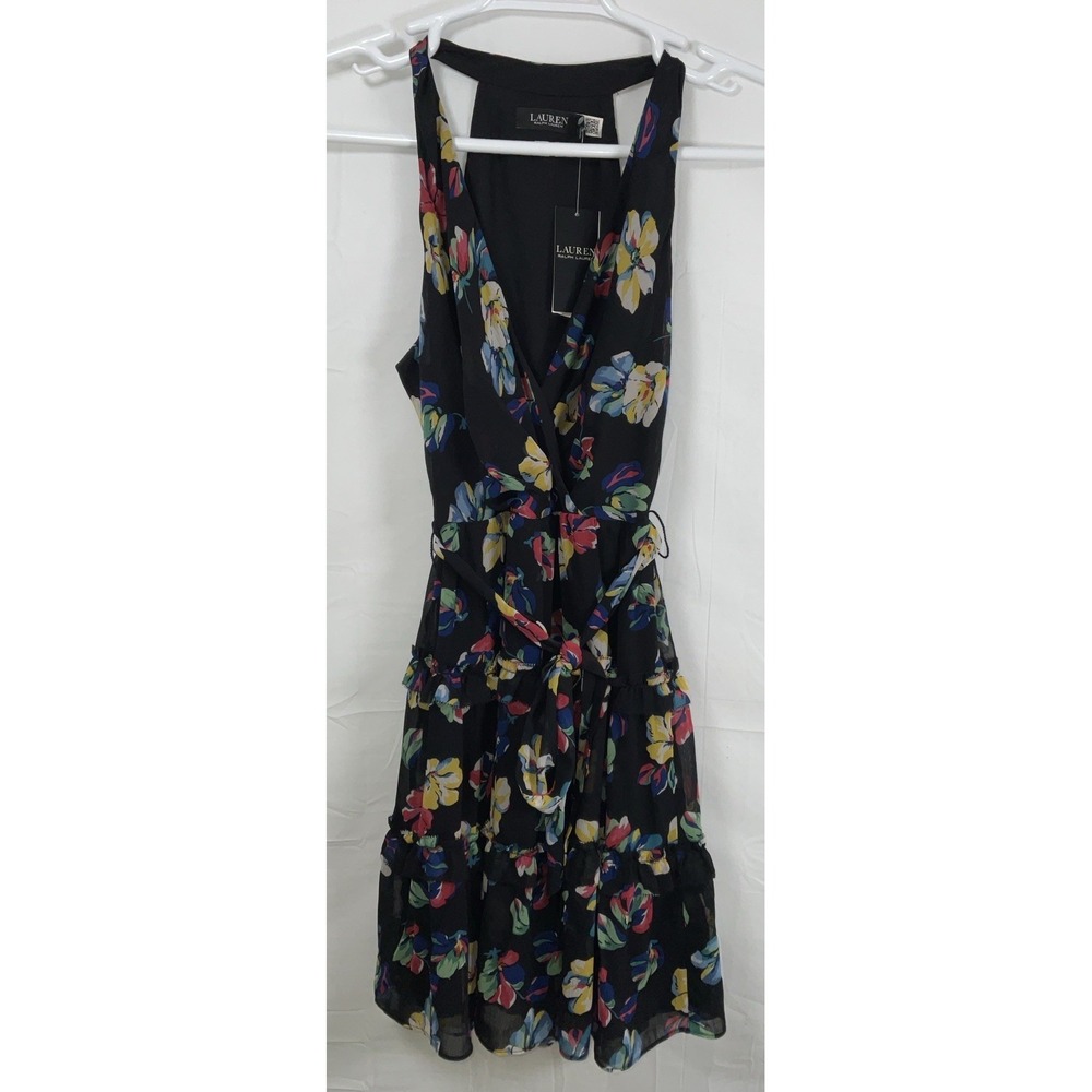 NWT Lauren Ralph Lauren Sleeveless Georgette Tiered Dress Black Floral Sz 0